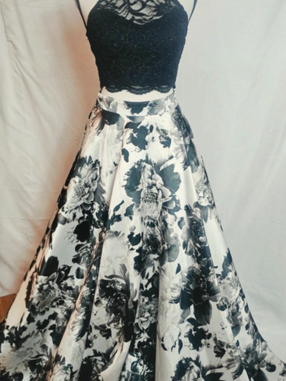 Black Lace Crop Top with Black & White Floral Full Skirt